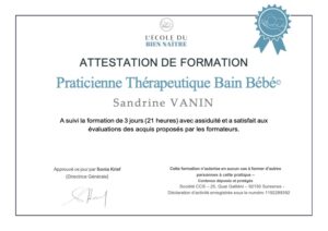 Attestation de formation Thérapeutique Bain Bébé Sandrine Vanin